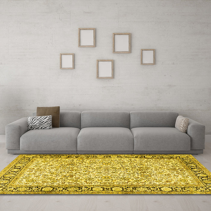 Machine Washable Persian Yellow Traditional Rug in a Living Room, wshtr2734yw