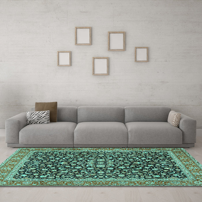 Machine Washable Persian Turquoise Traditional Area Rugs in a Living Room,, wshtr2735turq