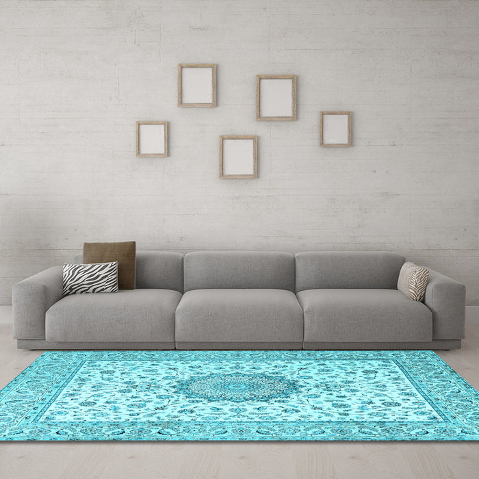 Machine Washable Medallion Light Blue Traditional Rug in a Living Room, wshtr2736lblu