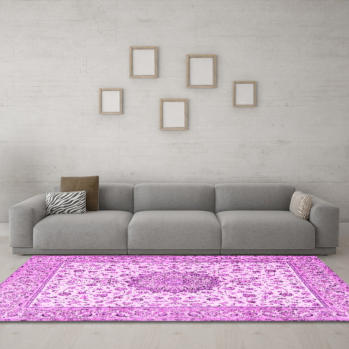 Machine Washable Medallion Pink Traditional Rug in a Living Room, wshtr2736pnk