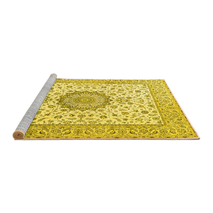 Sideview of Machine Washable Medallion Yellow Traditional Rug, wshtr2736yw