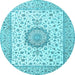 Round Machine Washable Medallion Light Blue Traditional Rug, wshtr2736lblu