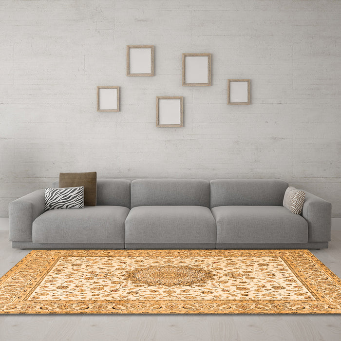 Machine Washable Medallion Orange Traditional Area Rugs in a Living Room, wshtr2736org