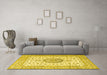 Machine Washable Medallion Yellow Traditional Rug in a Living Room, wshtr2736yw