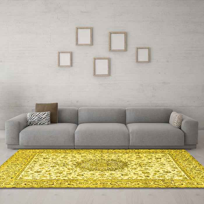 Machine Washable Medallion Yellow Traditional Rug in a Living Room, wshtr2736yw