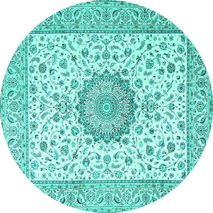 Round Machine Washable Medallion Turquoise Traditional Area Rugs, wshtr2736turq