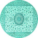 Round Machine Washable Medallion Turquoise Traditional Area Rugs, wshtr2736turq