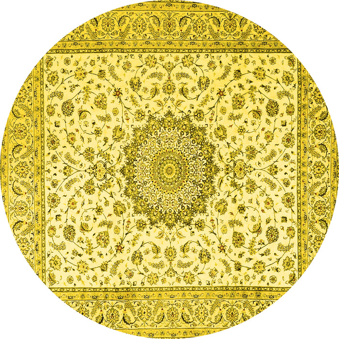Round Machine Washable Medallion Yellow Traditional Rug, wshtr2736yw