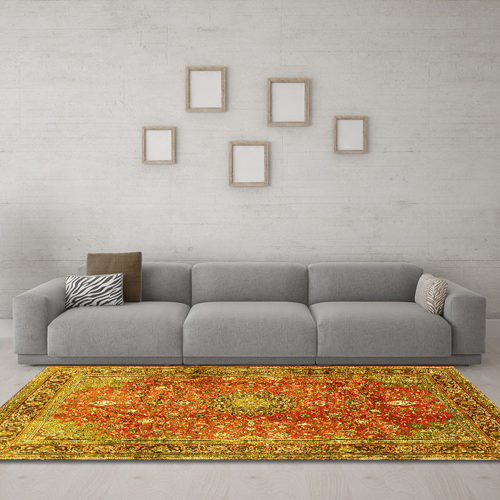 Machine Washable Persian Yellow Traditional Rug in a Living Room, wshtr2737yw