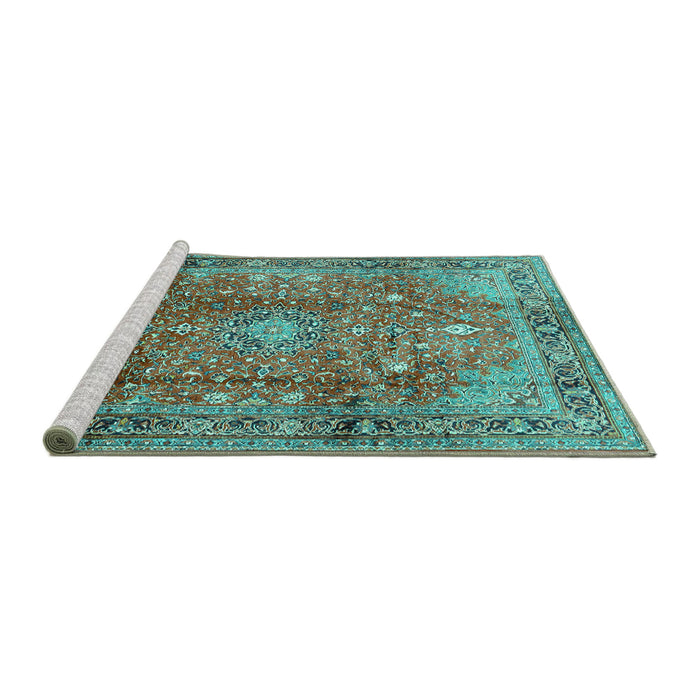 Sideview of Machine Washable Persian Turquoise Traditional Area Rugs, wshtr2737turq