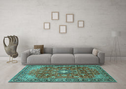 Machine Washable Persian Turquoise Traditional Area Rugs in a Living Room,, wshtr2739turq