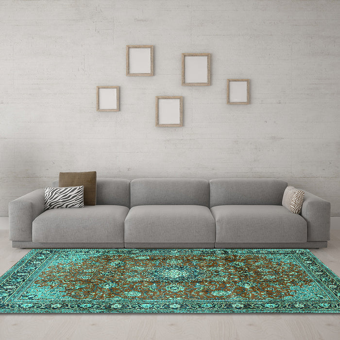Machine Washable Persian Turquoise Traditional Area Rugs in a Living Room,, wshtr2739turq