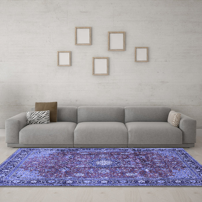 Machine Washable Persian Blue Traditional Rug in a Living Room, wshtr2739blu