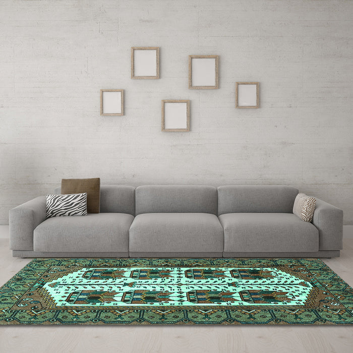 Machine Washable Persian Turquoise Traditional Area Rugs in a Living Room,, wshtr273turq