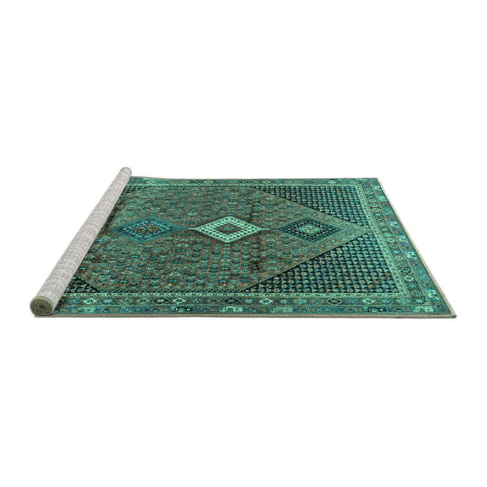 Sideview of Machine Washable Persian Turquoise Traditional Area Rugs, wshtr2740turq