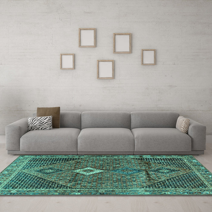 Machine Washable Persian Turquoise Traditional Area Rugs in a Living Room,, wshtr2740turq