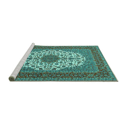Sideview of Machine Washable Medallion Turquoise Traditional Area Rugs, wshtr2741turq