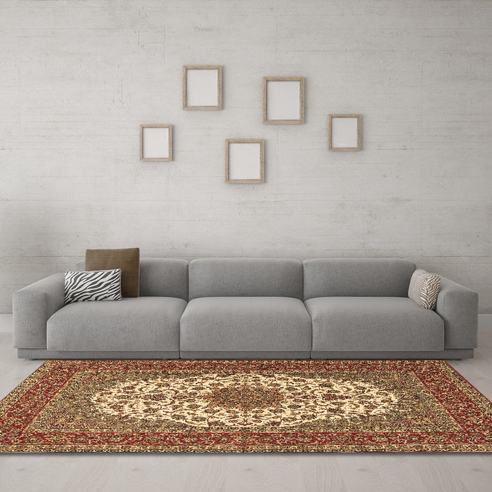 Machine Washable Medallion Brown Traditional Rug in a Living Room,, wshtr2741brn