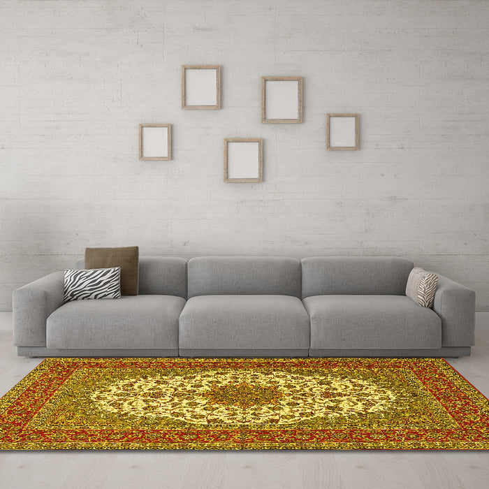 Machine Washable Medallion Yellow Traditional Rug in a Living Room, wshtr2741yw