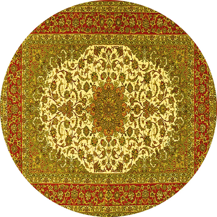 Round Machine Washable Medallion Yellow Traditional Rug, wshtr2741yw