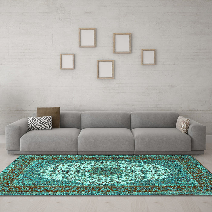 Machine Washable Medallion Turquoise Traditional Area Rugs in a Living Room,, wshtr2741turq