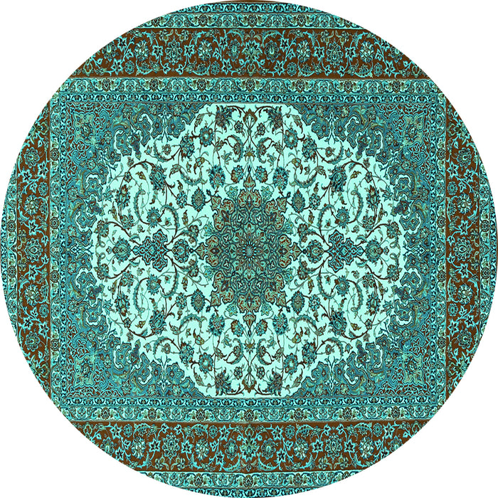 Round Machine Washable Medallion Turquoise Traditional Area Rugs, wshtr2741turq