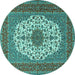 Round Machine Washable Medallion Turquoise Traditional Area Rugs, wshtr2741turq