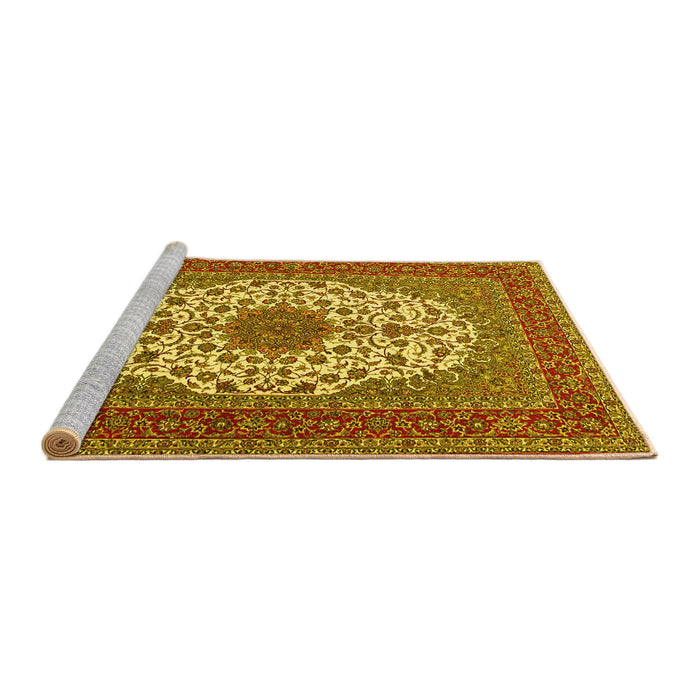 Sideview of Machine Washable Medallion Yellow Traditional Rug, wshtr2741yw