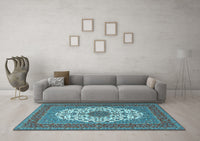 Machine Washable Medallion Light Blue Traditional Rug, wshtr2741lblu