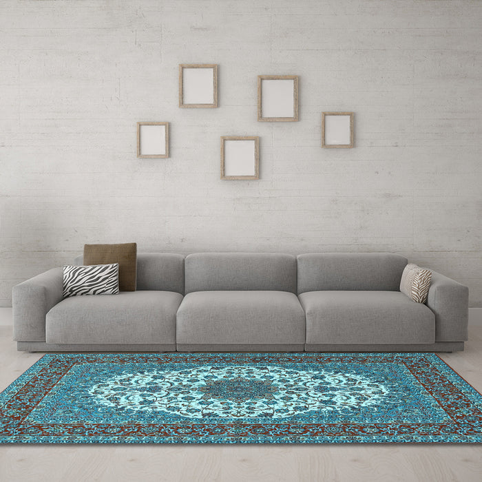 Machine Washable Medallion Light Blue Traditional Rug in a Living Room, wshtr2741lblu