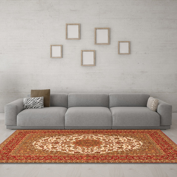 Machine Washable Medallion Orange Traditional Area Rugs in a Living Room, wshtr2741org