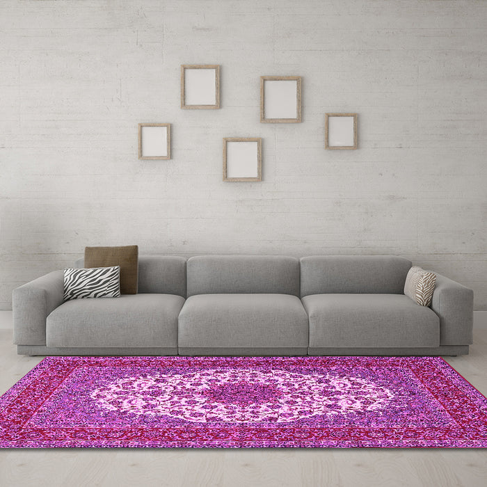 Machine Washable Medallion Pink Traditional Rug in a Living Room, wshtr2741pnk