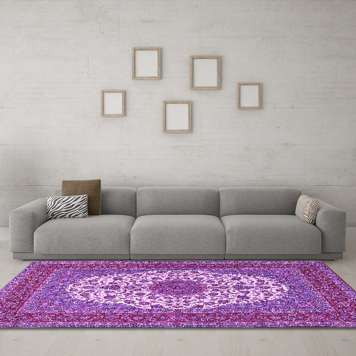 Machine Washable Medallion Purple Traditional Area Rugs in a Living Room, wshtr2741pur
