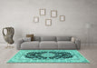 Machine Washable Medallion Turquoise Traditional Area Rugs in a Living Room,, wshtr2742turq