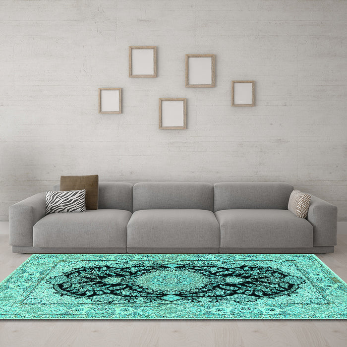 Machine Washable Medallion Turquoise Traditional Area Rugs in a Living Room,, wshtr2742turq