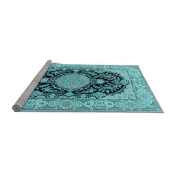 Sideview of Machine Washable Medallion Light Blue Traditional Rug, wshtr2742lblu