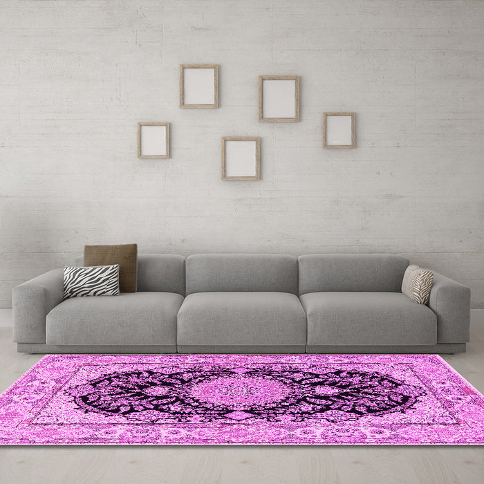 Machine Washable Medallion Pink Traditional Rug in a Living Room, wshtr2742pnk