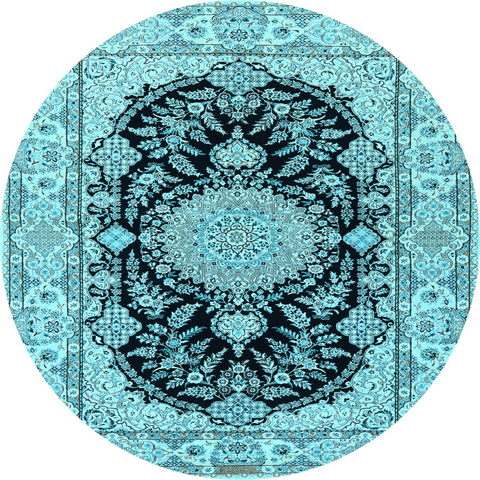 Round Machine Washable Medallion Light Blue Traditional Rug, wshtr2742lblu