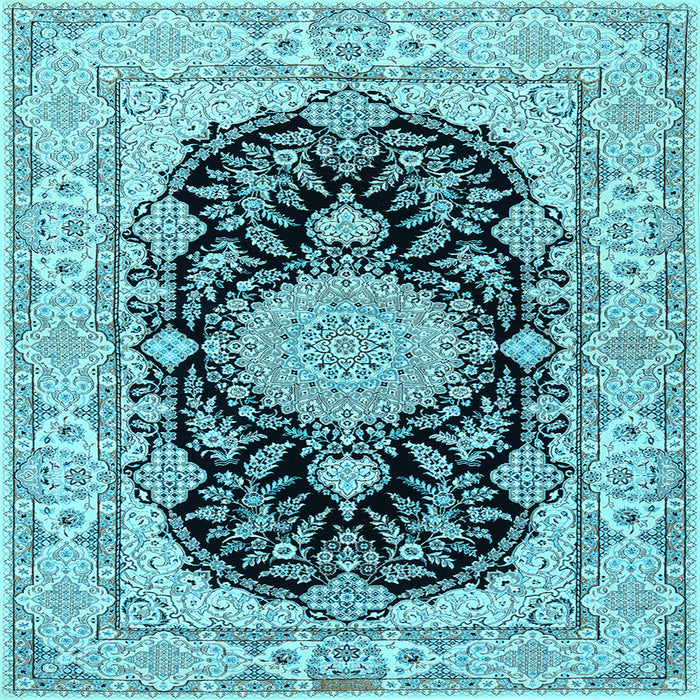 Square Machine Washable Medallion Light Blue Traditional Rug, wshtr2742lblu