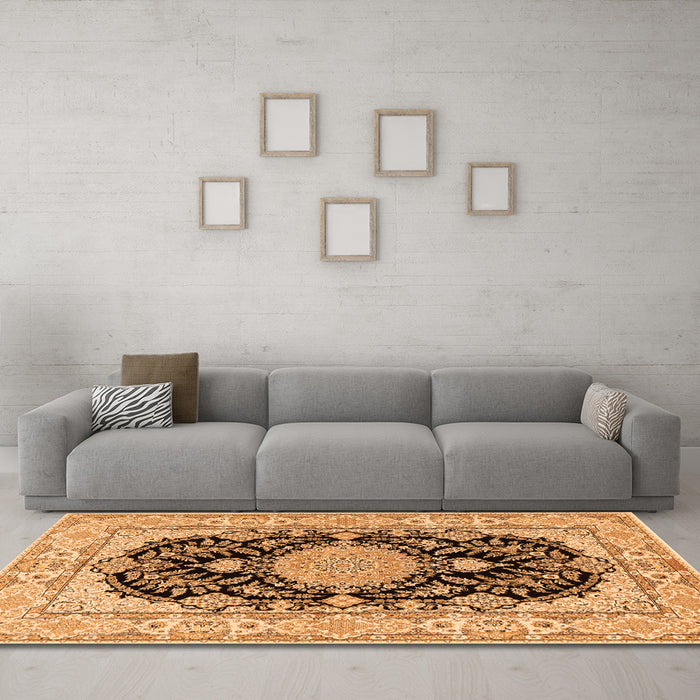 Machine Washable Medallion Orange Traditional Area Rugs in a Living Room, wshtr2742org