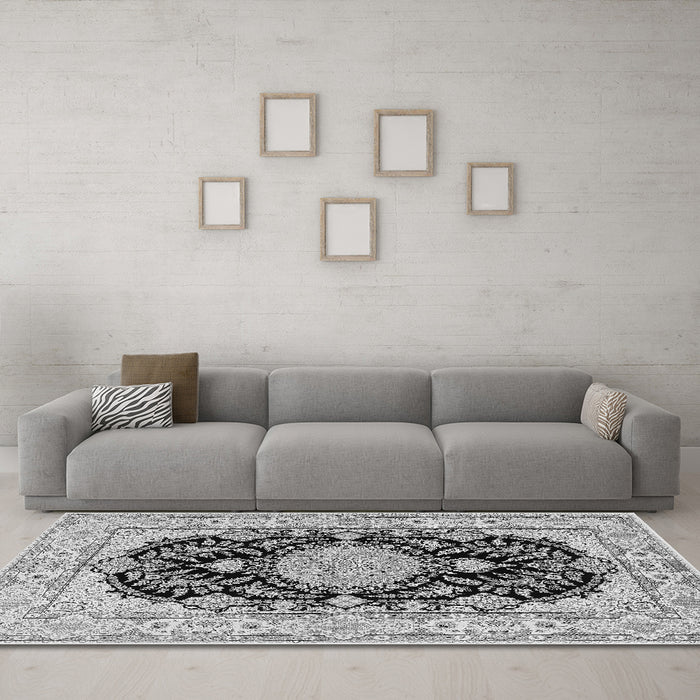 Machine Washable Medallion Gray Traditional Rug in a Living Room,, wshtr2742gry