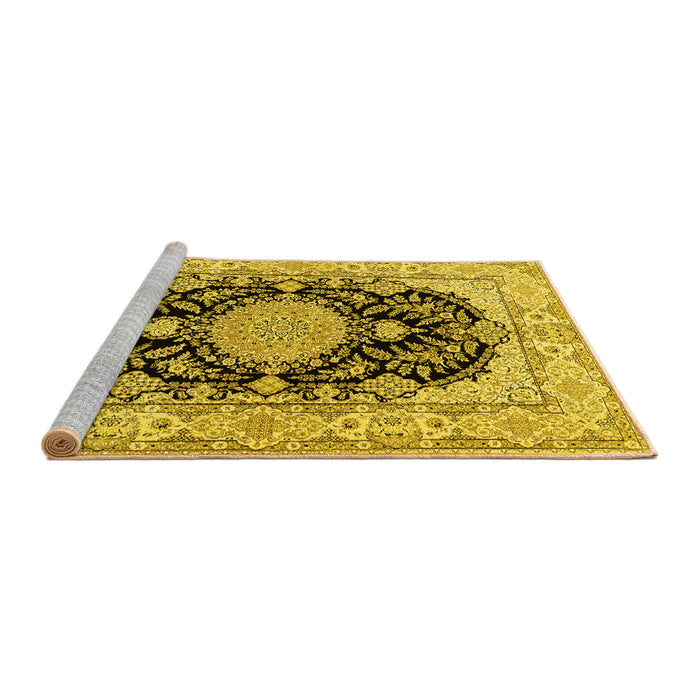 Sideview of Machine Washable Medallion Yellow Traditional Rug, wshtr2742yw