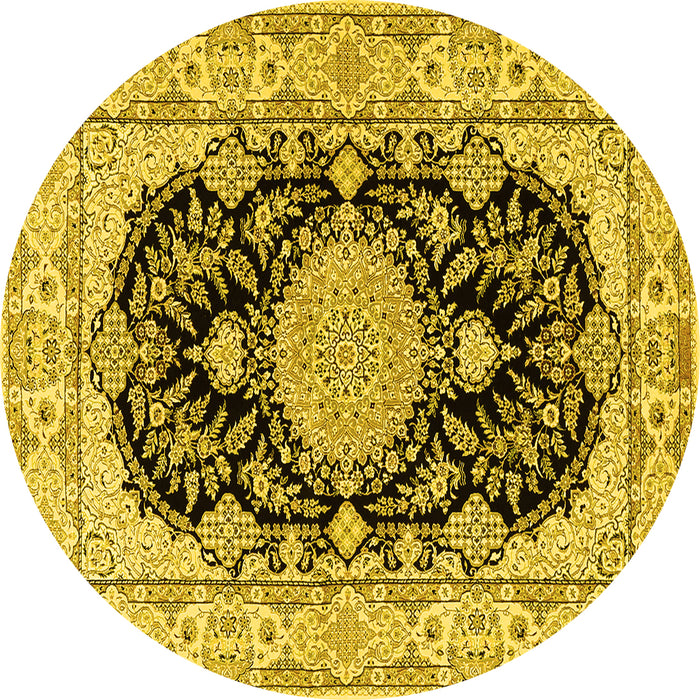 Round Machine Washable Medallion Yellow Traditional Rug, wshtr2742yw