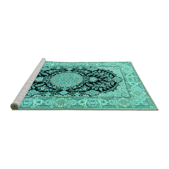 Sideview of Machine Washable Medallion Turquoise Traditional Area Rugs, wshtr2742turq