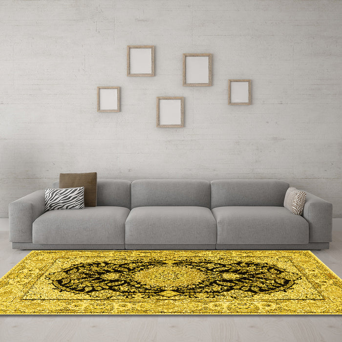 Machine Washable Medallion Yellow Traditional Rug in a Living Room, wshtr2742yw