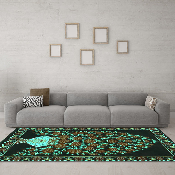 Machine Washable Persian Turquoise Traditional Area Rugs in a Living Room,, wshtr2743turq