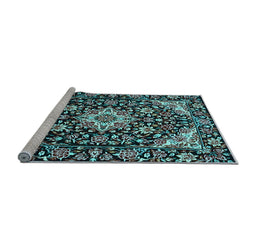 Sideview of Machine Washable Medallion Light Blue Traditional Rug, wshtr2744lblu