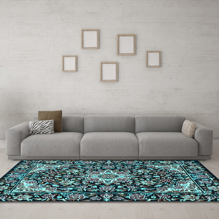 Machine Washable Medallion Light Blue Traditional Rug in a Living Room, wshtr2744lblu