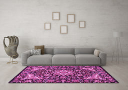 Machine Washable Medallion Pink Traditional Rug in a Living Room, wshtr2744pnk