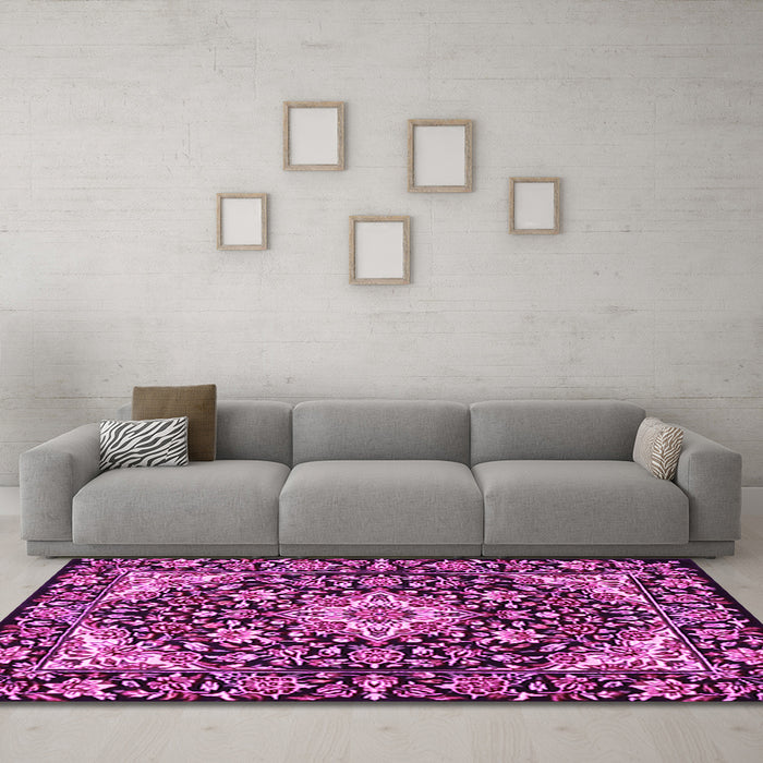 Machine Washable Medallion Pink Traditional Rug in a Living Room, wshtr2744pnk